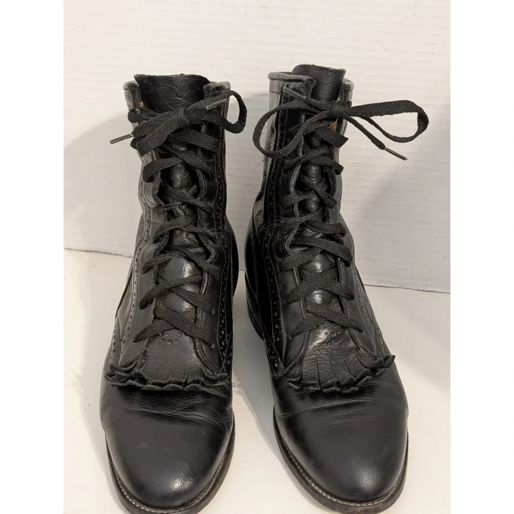 Vintage Justin Women's Black Leather Lace-Up Kiltie Roper Boots 7.5B - Picture 2 of 8